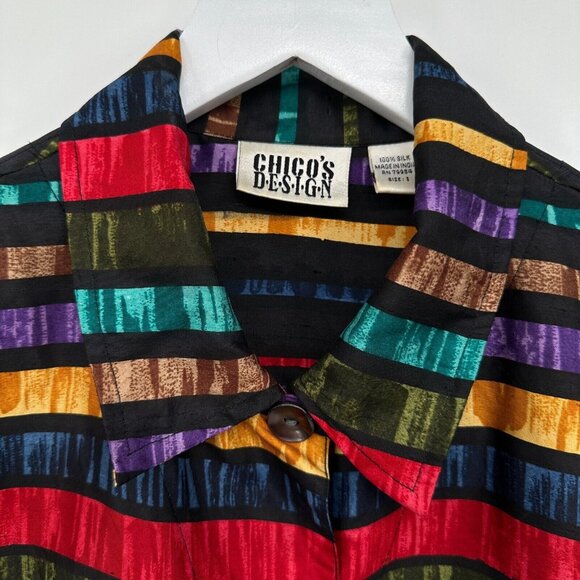 Vintage Chicos Design 100% Silk Top Shirt Shacket Size 1 US M 8 Patchwork Button - Picture 4 of 12